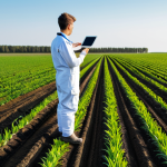 A professional young agronomist in a modest, durable work uniform, standing in a vast, modern agricultural field under a clear sky. A sleek agricultural drone hovers nearby, and advanced soil sensors are visible in the ground. The agronomist is holding a tablet displaying real-time crop data. Professional photography, high-resolution, sharp focus, vibrant colors, perfect anatomy, correct proportions, natural pose, well-formed hands, proper finger count, natural body proportions, fully clothed, modest clothing, appropriate attire, professional dress, safe for work, appropriate content, family-friendly.