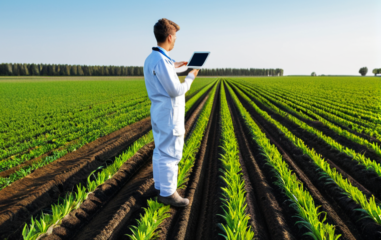 A professional young agronomist in a modest, durable work uniform, standing in a vast, modern agricultural field under a clear sky. A sleek agricultural drone hovers nearby, and advanced soil sensors are visible in the ground. The agronomist is holding a tablet displaying real-time crop data. Professional photography, high-resolution, sharp focus, vibrant colors, perfect anatomy, correct proportions, natural pose, well-formed hands, proper finger count, natural body proportions, fully clothed, modest clothing, appropriate attire, professional dress, safe for work, appropriate content, family-friendly.
