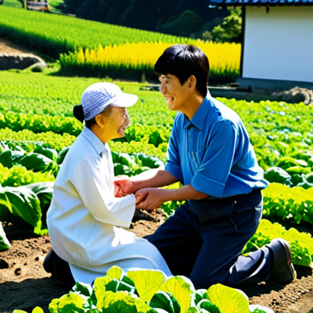 Communication & Empathy**

"A young, friendly agricultural technician wearing appropriate and modern work attire, kneeling and conversing with an elderly farmer in a vibrant vegetable field, demonstrating active listening and empathy. Background features a sunny day, healthy crops, and a traditional Japanese farmhouse.  Perfect anatomy, natural pose, well-formed hands, correct proportions, safe for work, appropriate content, fully clothed, family-friendly."

**
