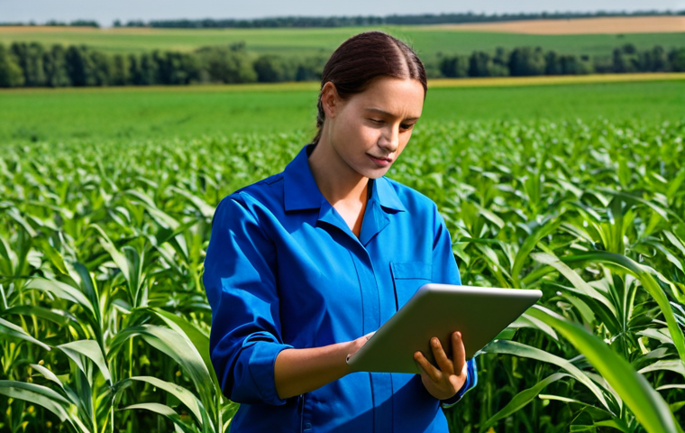 농업기술 관련 이직 준비 서류 - **Prompt:** A determined individual in professional work attire, confidently reviewing crop data on ...