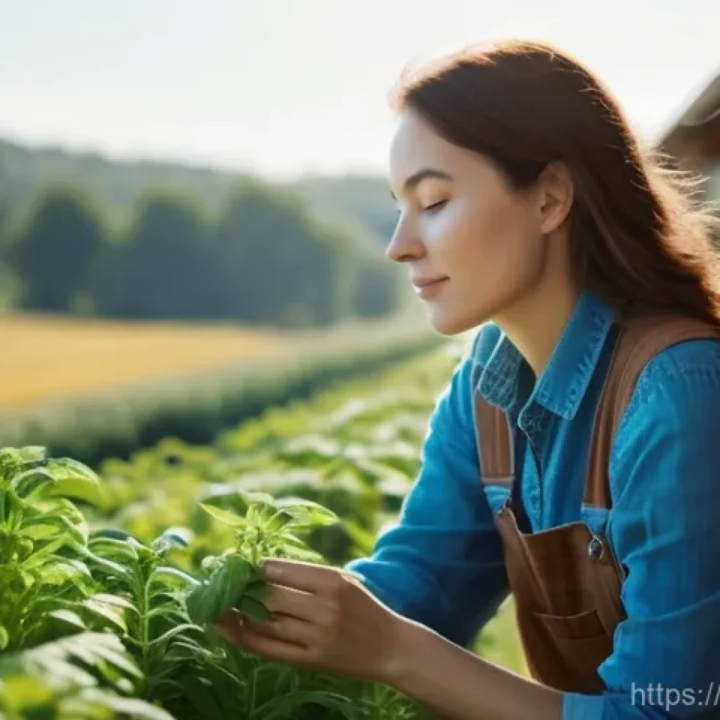 농업기술 관련 직무 스트레스 관리 - **Prompt for Digital Detox in Nature:**
    A serene close-up shot of a young, kind-faced woman in h...