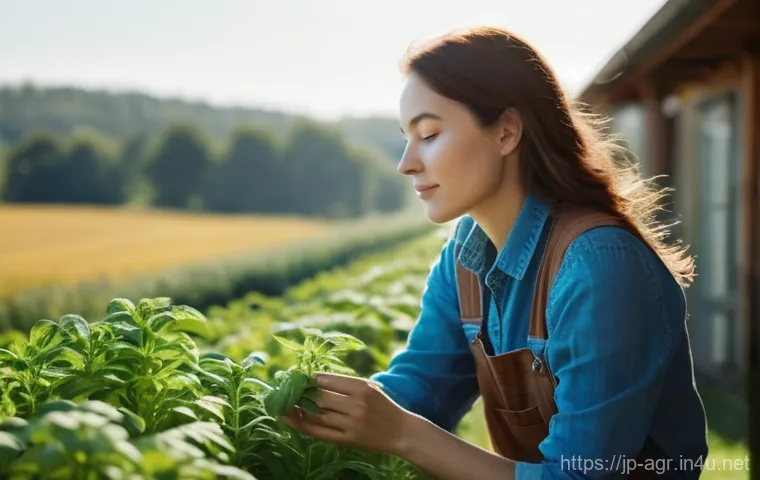 농업기술 관련 직무 스트레스 관리 - **Prompt for Digital Detox in Nature:**
    A serene close-up shot of a young, kind-faced woman in h...