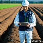 농업기술 관련 대학교 전공 소개 - A vibrant, futuristic farm scene under a clear sky. In the foreground, a modern, energetic Japanese ...