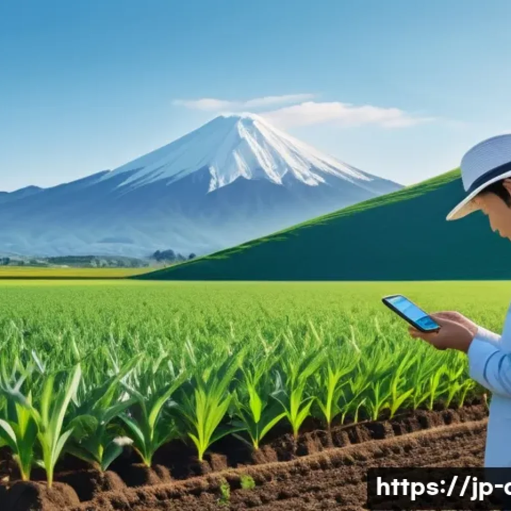 농업기술과 스마트팜 접목 사례 - A modern Japanese smart farm landscape during early morning, featuring rows of vibrant green crops u...