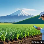 농업기술과 스마트팜 접목 사례 - A modern Japanese smart farm landscape during early morning, featuring rows of vibrant green crops u...
