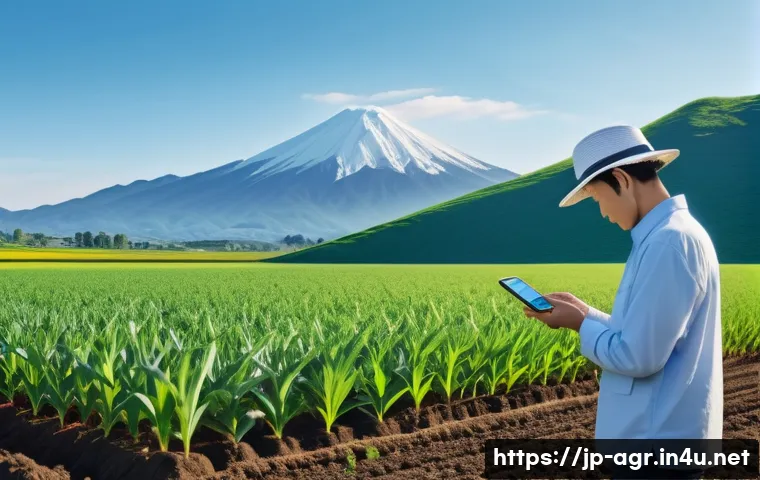 농업기술과 스마트팜 접목 사례 - A modern Japanese smart farm landscape during early morning, featuring rows of vibrant green crops u...