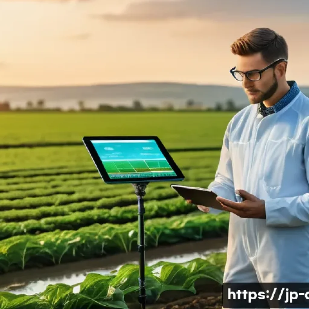 농업기술 분야 유망 직종 - A futuristic agricultural engineer wearing protective workwear and glasses, operating a sleek, high-...