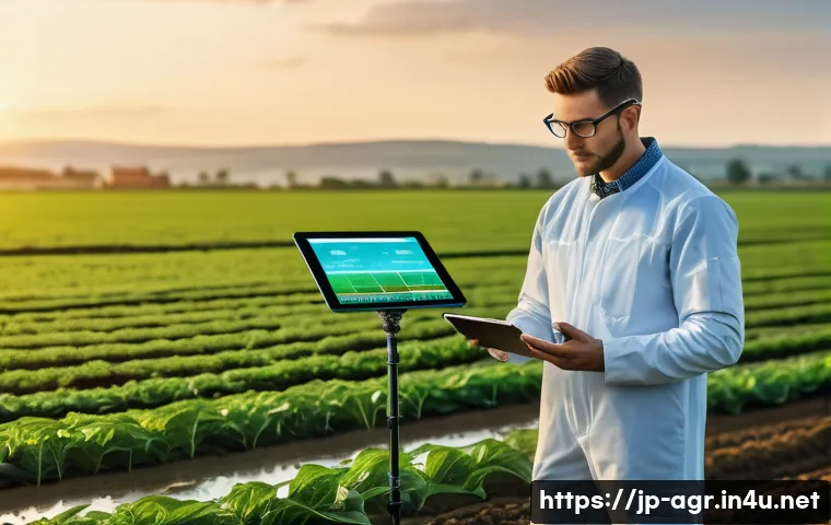 농업기술 분야 유망 직종 - A futuristic agricultural engineer wearing protective workwear and glasses, operating a sleek, high-...