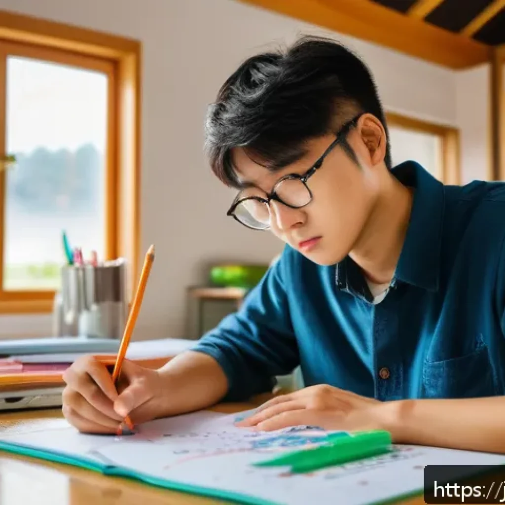 농업기술 필기와 실기의 연계성 - A diligent Japanese student studying agriculture technology indoors, taking colorful notes and drawi...