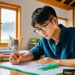 농업기술 필기와 실기의 연계성 - A diligent Japanese student studying agriculture technology indoors, taking colorful notes and drawi...
