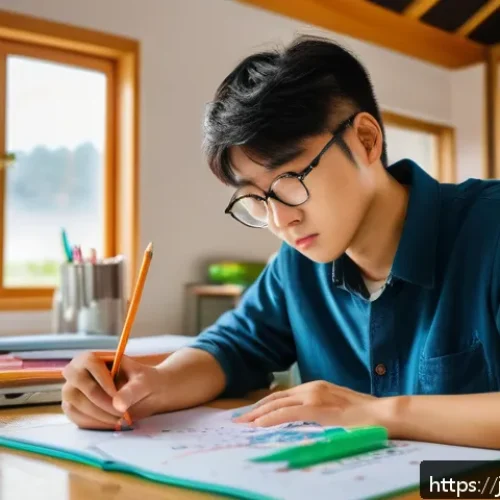 농업기술 필기와 실기의 연계성 - A diligent Japanese student studying agriculture technology indoors, taking colorful notes and drawi...