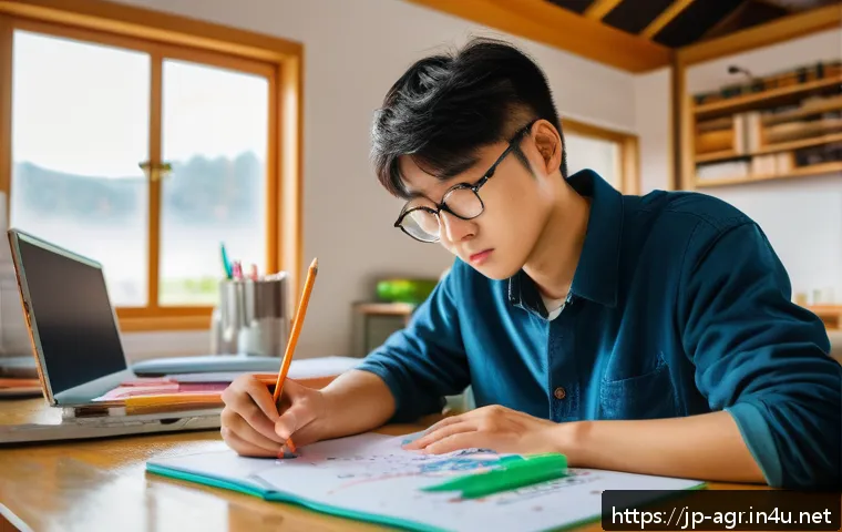 농업기술 필기와 실기의 연계성 - A diligent Japanese student studying agriculture technology indoors, taking colorful notes and drawi...