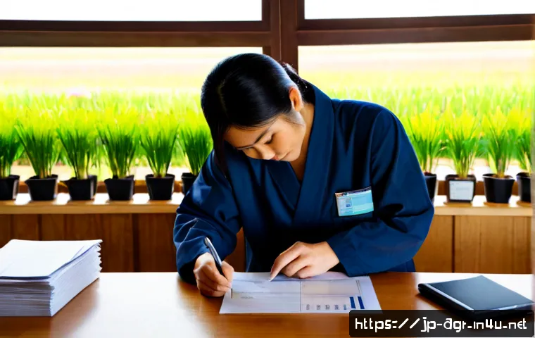 농업기술 직무를 위한 자격증 관리 - Photorealistic Japanese agricultural technician at a clean wooden desk in a bright rural office, car...